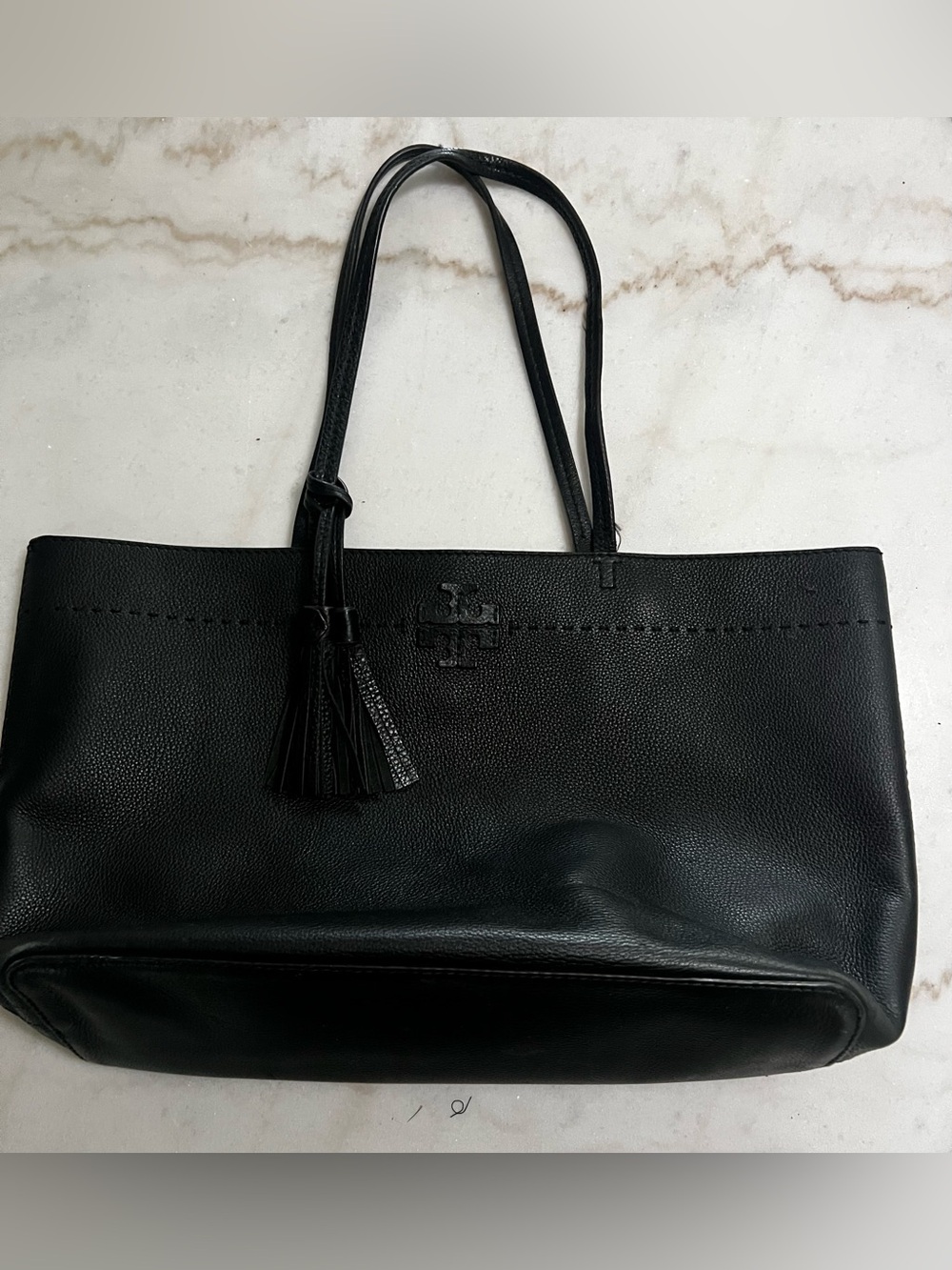 TORY BURCH McGraw Leather Logo Tote Bag Women Black With Tassel Genuine